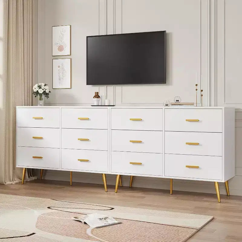 Commode à 6 tiroirs, commode moderne en bois avec poignées dorées et espace de rangement, chiffonnier
