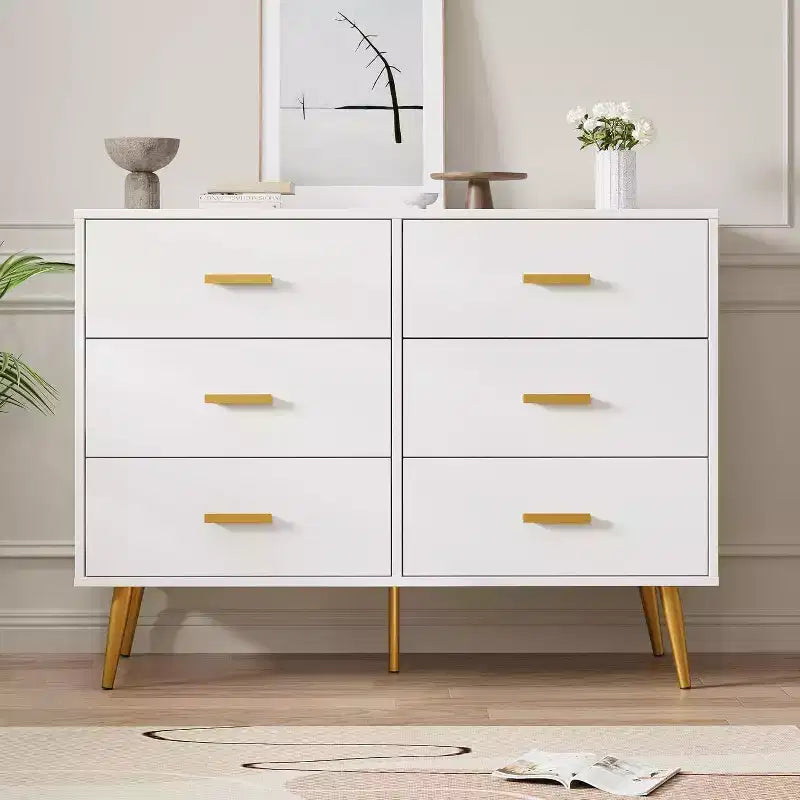 Commode à 6 tiroirs, commode moderne en bois avec poignées dorées et espace de rangement, chiffonnier