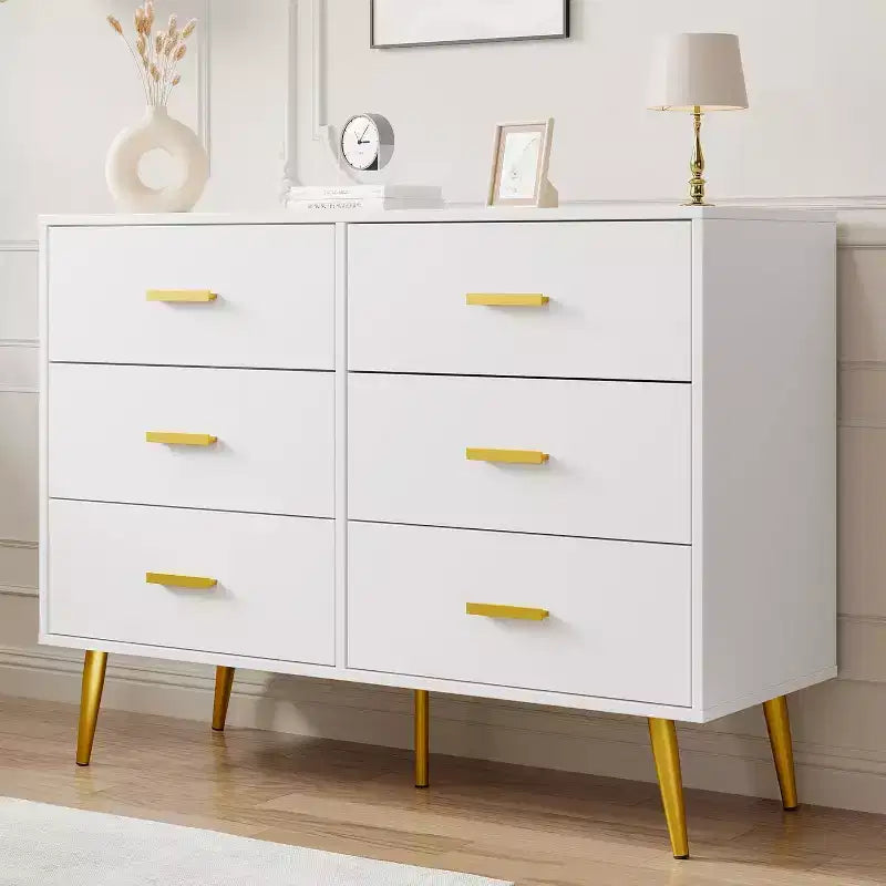 Commode à 6 tiroirs, commode moderne en bois avec poignées dorées et espace de rangement, chiffonnier