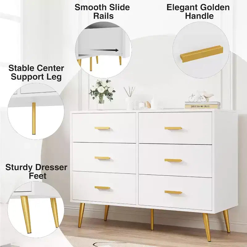 Commode à 6 tiroirs, commode moderne en bois avec poignées dorées et espace de rangement, chiffonnier