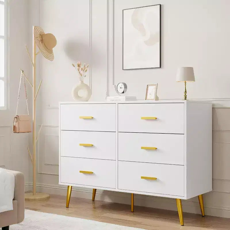 Commode à 6 tiroirs, commode moderne en bois avec poignées dorées et espace de rangement, chiffonnier