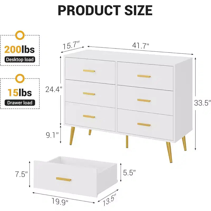 Commode à 6 tiroirs, commode moderne en bois avec poignées dorées et espace de rangement, chiffonnier