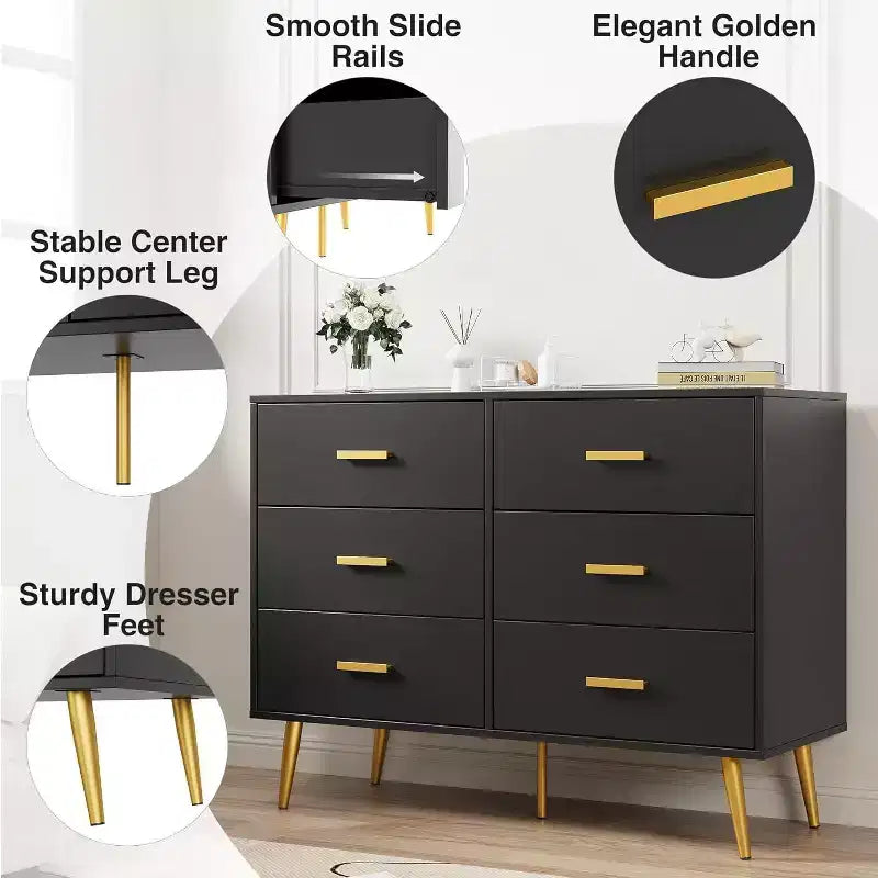 Commode à 6 tiroirs, commode moderne en bois avec poignées dorées et espace de rangement, chiffonnier