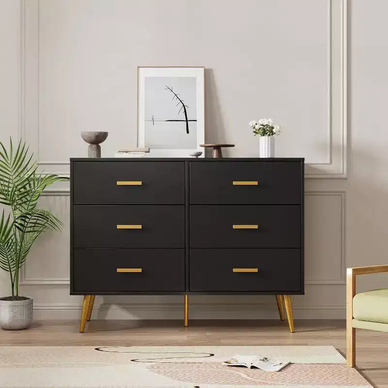 6 Drawer Dresser, Modern Wooden Dresser with Gold Handles and Storage Space, Chest of Drawers