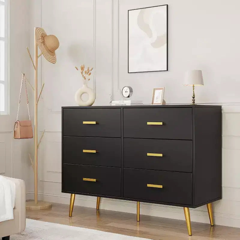Commode à 6 tiroirs, commode moderne en bois avec poignées dorées et espace de rangement, chiffonnier
