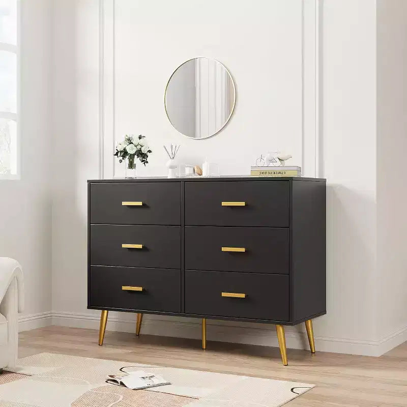 Commode à 6 tiroirs, commode moderne en bois avec poignées dorées et espace de rangement, chiffonnier