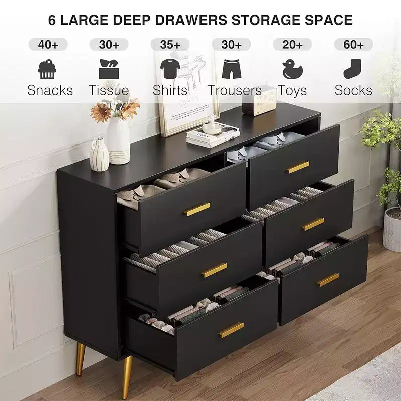 Commode à 6 tiroirs, commode moderne en bois avec poignées dorées et espace de rangement, chiffonnier