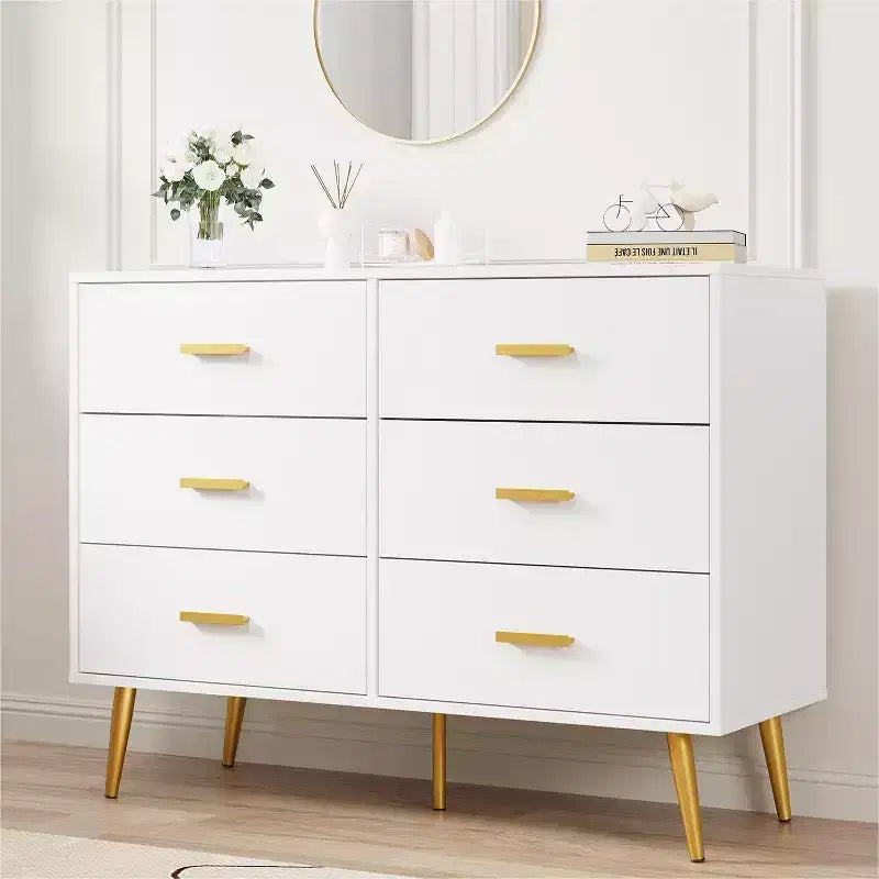 6 Drawer Dresser, Modern Wooden Dresser with Gold Handles and Storage Space, Chest of Drawers