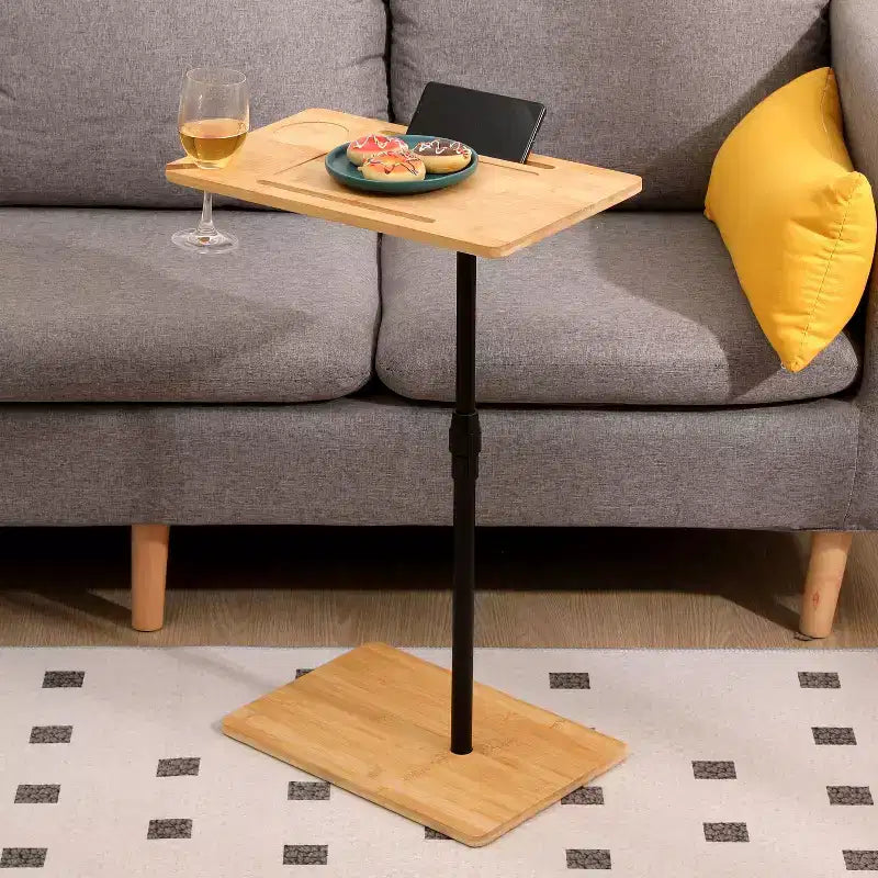 Bamboo Couch Tray Table Height Adjustable C-Shaped End Table with Slots 2 Tier Sofa Side Table