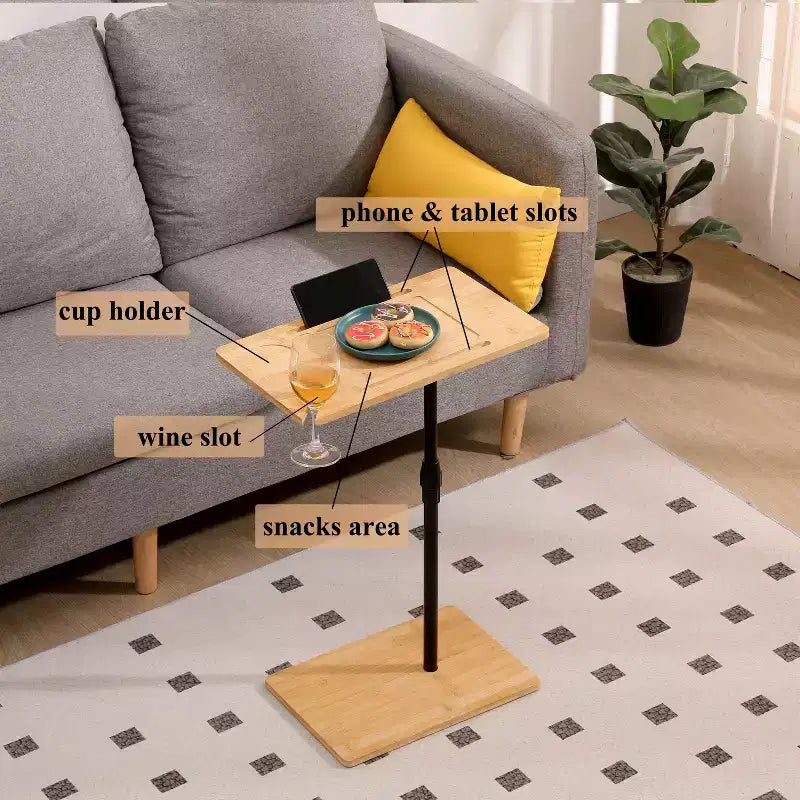Bamboo Couch Tray Table Height Adjustable C-Shaped End Table with Slots 2 Tier Sofa Side Table