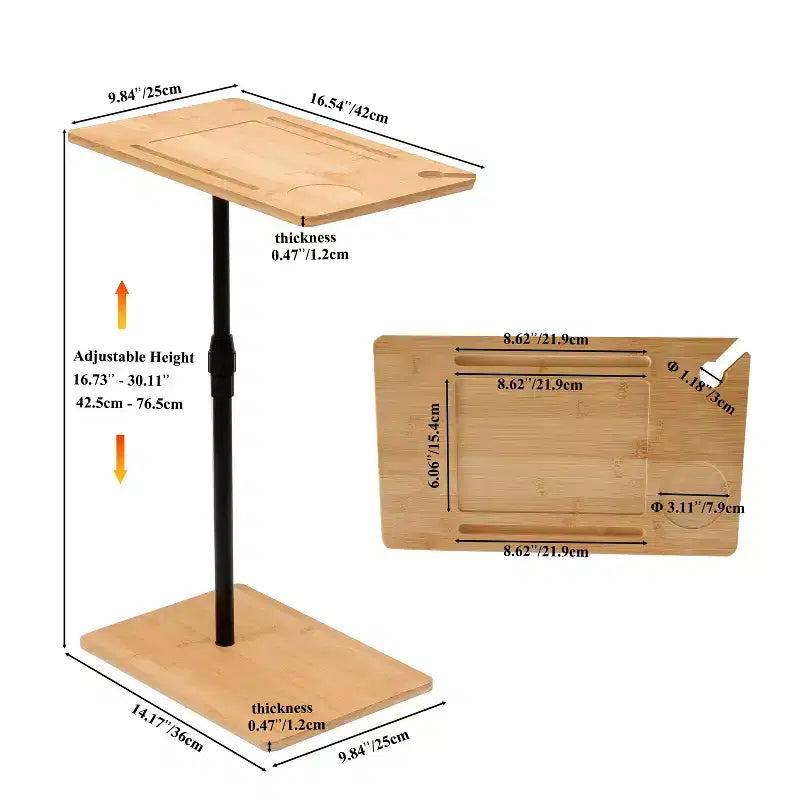 Table d'appoint en bambou pour canapé, réglable en hauteur, en forme de C, avec fentes, à deux niveaux