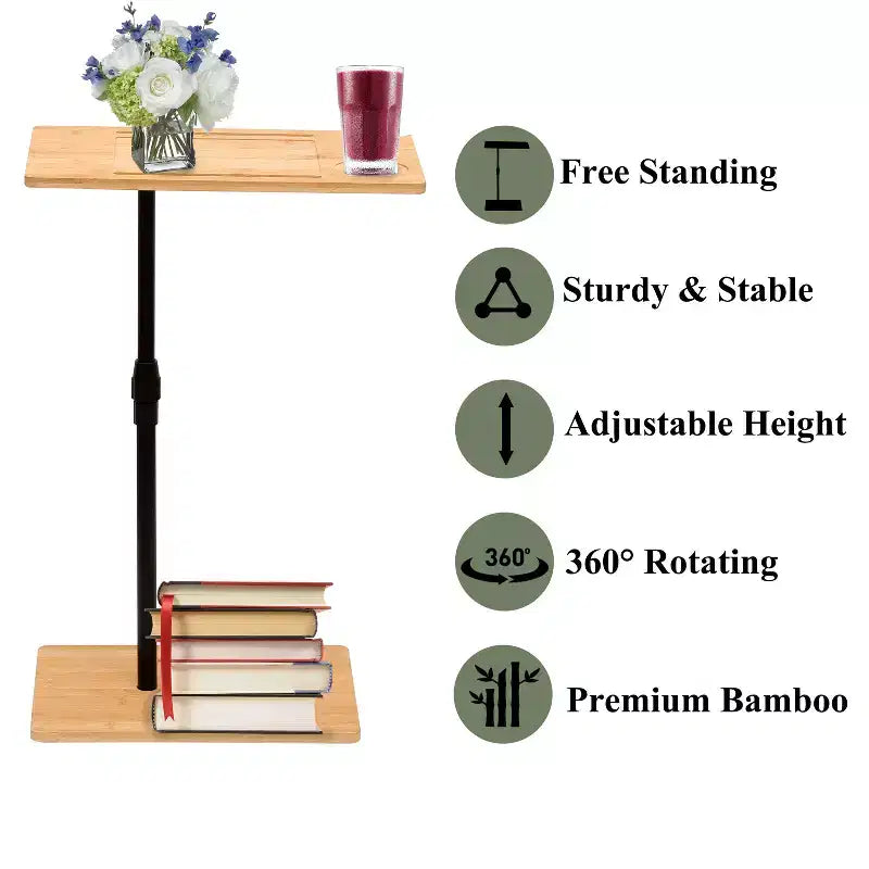 Bamboo Couch Tray Table Height Adjustable C-Shaped End Table with Slots 2 Tier Sofa Side Table