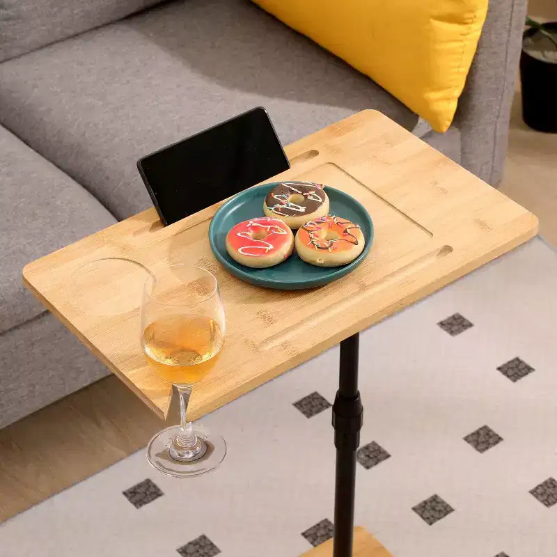 Table d'appoint en bambou pour canapé, réglable en hauteur, en forme de C, avec fentes, à deux niveaux