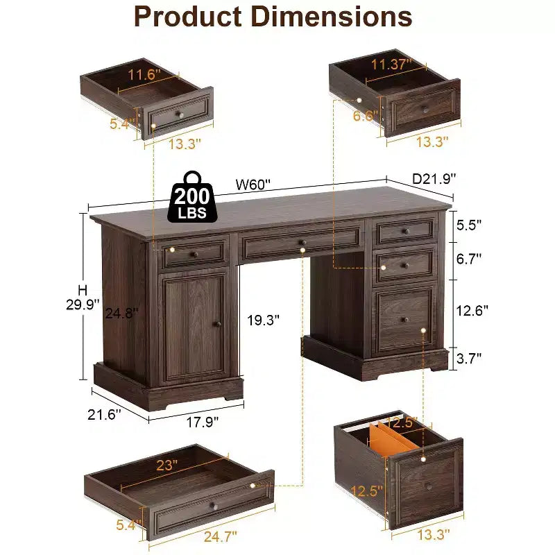 Bureau de direction de ferme de 60 pouces avec tiroirs et classeur, bureau en bois avec texture gaufrée, noir/marron/blanc et marron