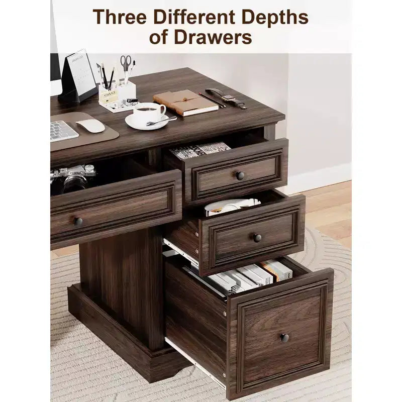 Bureau de direction de ferme de 60 pouces avec tiroirs et classeur, bureau en bois avec texture gaufrée, noir/marron/blanc et marron