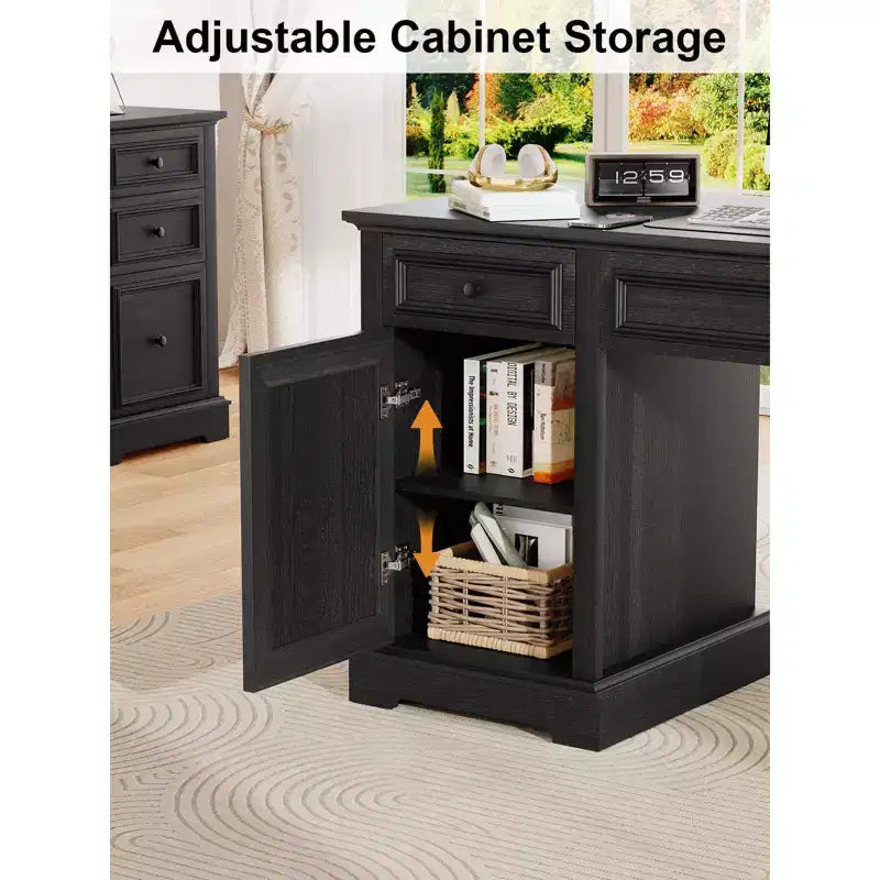 60 Farmhouse Executive Office Desk with Drawers and File Cabinet, Embossed Texture Wood Home Office Desk,Black/Brown/White and brown