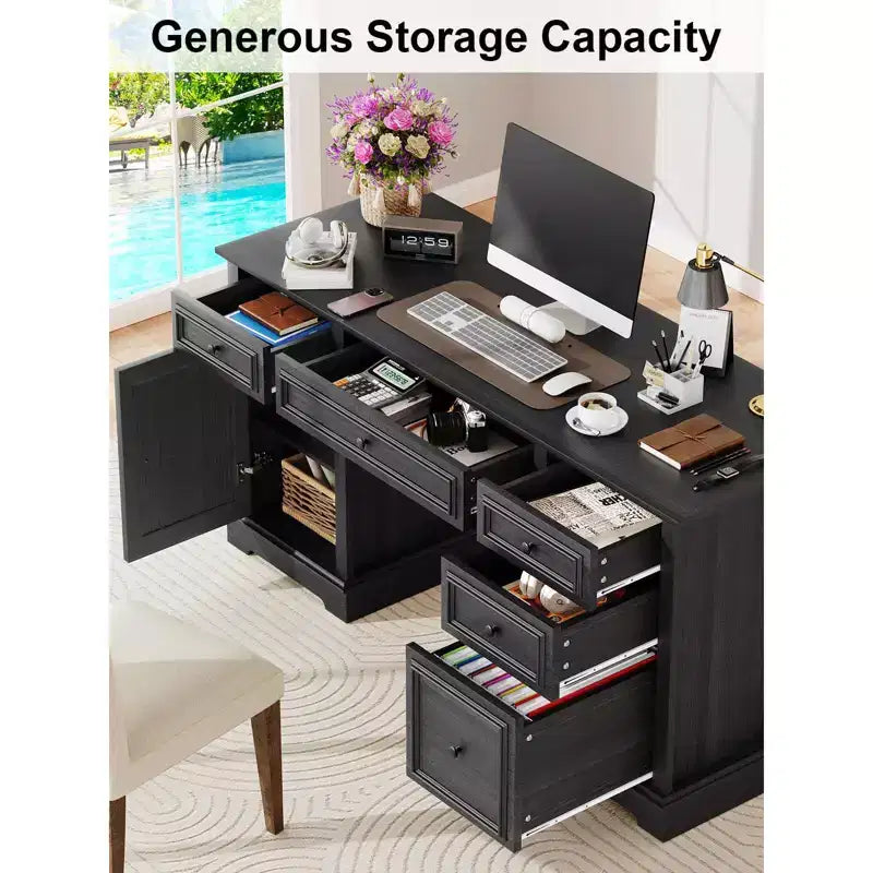 60 Farmhouse Executive Office Desk with Drawers and File Cabinet, Embossed Texture Wood Home Office Desk,Black/Brown/White and brown