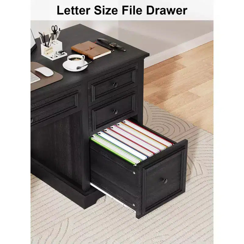60 Farmhouse Executive Office Desk with Drawers and File Cabinet, Embossed Texture Wood Home Office Desk,Black/Brown/White and brown
