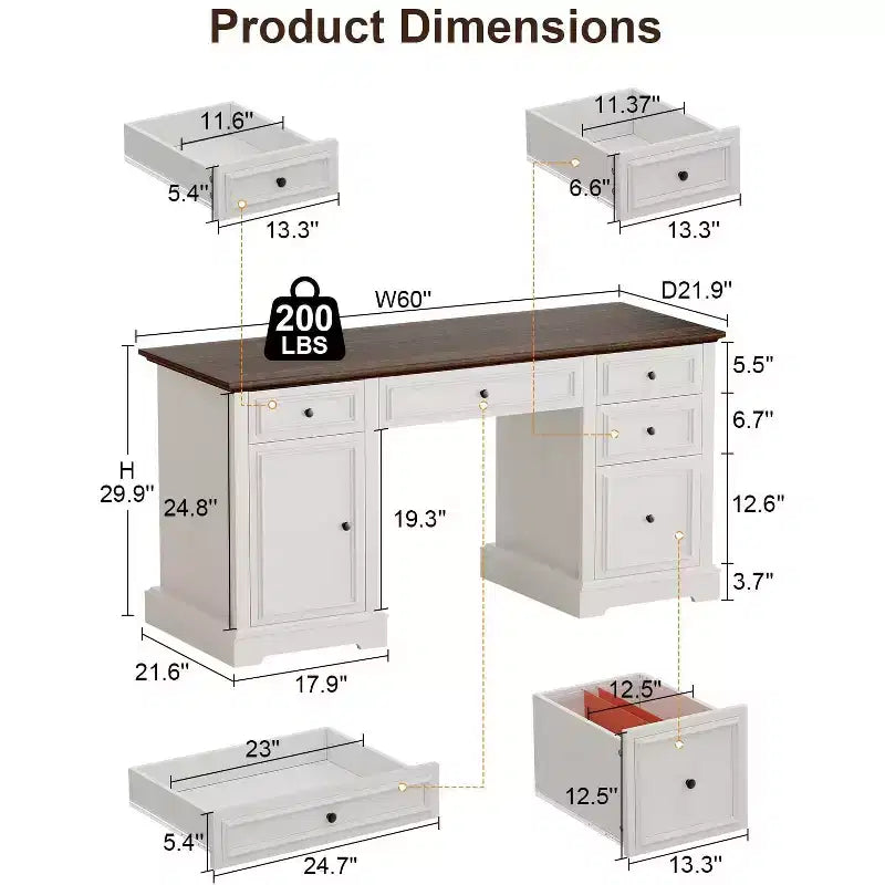 Bureau de direction de ferme de 60 pouces avec tiroirs et classeur, bureau en bois avec texture gaufrée, noir/marron/blanc et marron