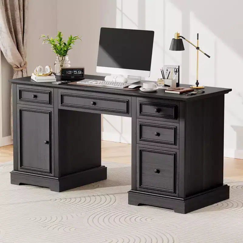 Bureau de direction de ferme de 60 pouces avec tiroirs et classeur, bureau en bois avec texture gaufrée, noir/marron/blanc et marron