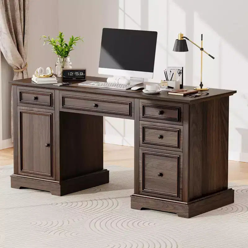 60 Farmhouse Executive Office Desk with Drawers and File Cabinet, Embossed Texture Wood Home Office Desk,Black/Brown/White and brown