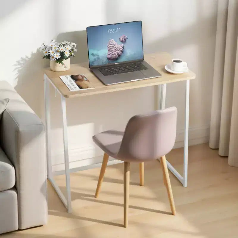 Folding Desk, 31.5 Foldable Table for Small Spaces with Storage Hooks, Space Saving Computer Table, Writing Workstation, Oak