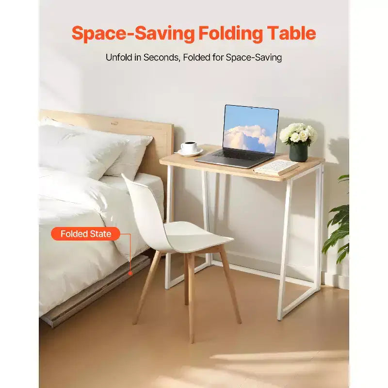 Folding Desk, 31.5 Foldable Table for Small Spaces with Storage Hooks, Space Saving Computer Table, Writing Workstation, Oak