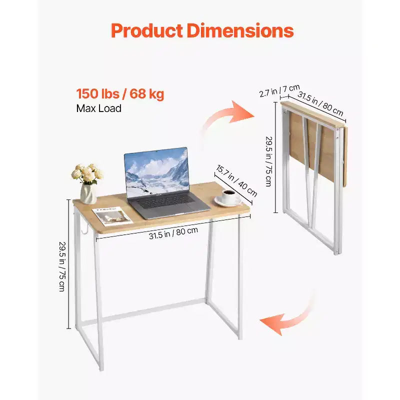 Folding Desk, 31.5 Foldable Table for Small Spaces with Storage Hooks, Space Saving Computer Table, Writing Workstation, Oak
