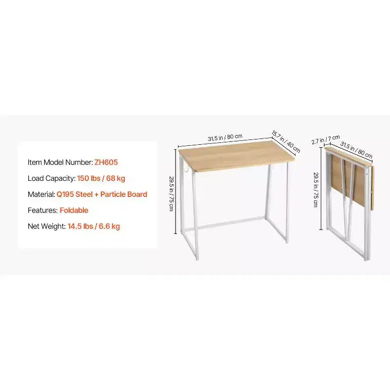 Bureau pliant, table pliante de 80 cm pour petits espaces avec crochets de rangement, table d'ordinateur peu encombrante, poste de travail, chêne