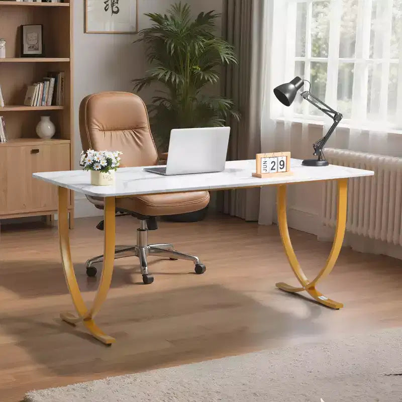 Executive Desk, 63Wx31.5D Large Office Desk,Modern Computer Table Conference Meeting Room Table,Business Furniture Enlarged Desktop,White+Gold