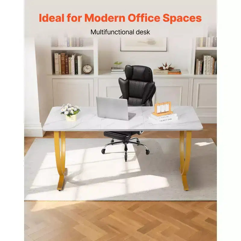 Executive Desk, 63Wx31.5D Large Office Desk,Modern Computer Table Conference Meeting Room Table,Business Furniture Enlarged Desktop,White+Gold