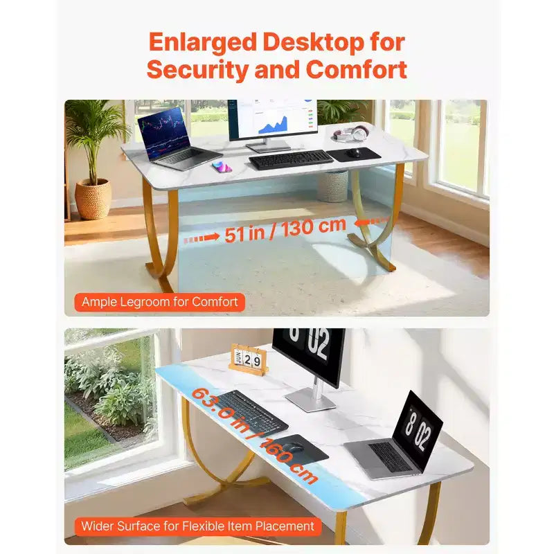 Executive Desk, 63Wx31.5D Large Office Desk,Modern Computer Table Conference Meeting Room Table,Business Furniture Enlarged Desktop,White+Gold