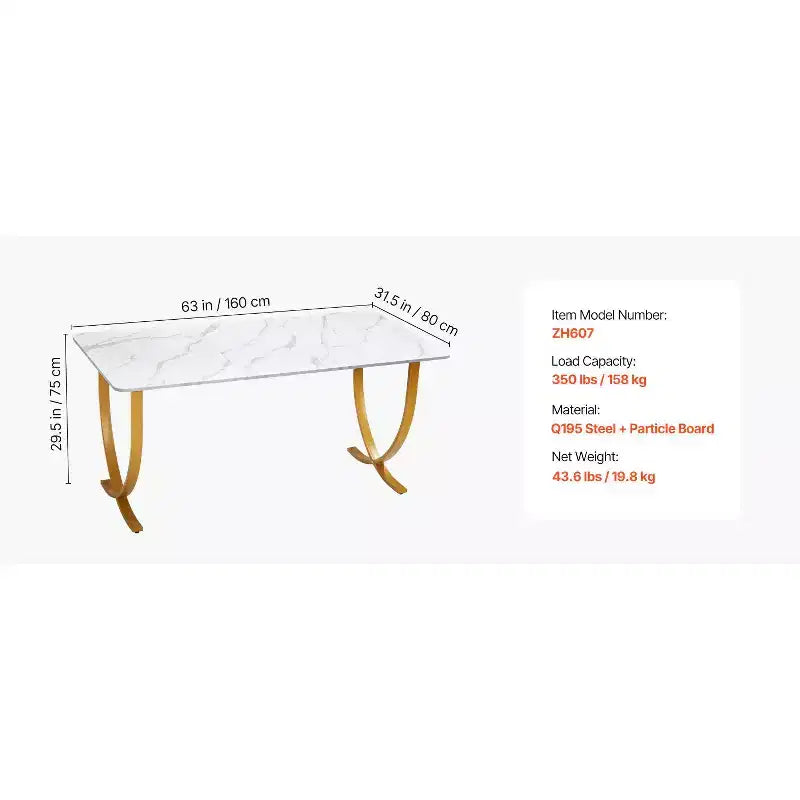 Bureau de direction, grand bureau de 160 cm (L) x 80 cm (P), table d'ordinateur moderne pour salle de réunion ou de conférence, mobilier professionnel avec plateau élargi, blanc et or