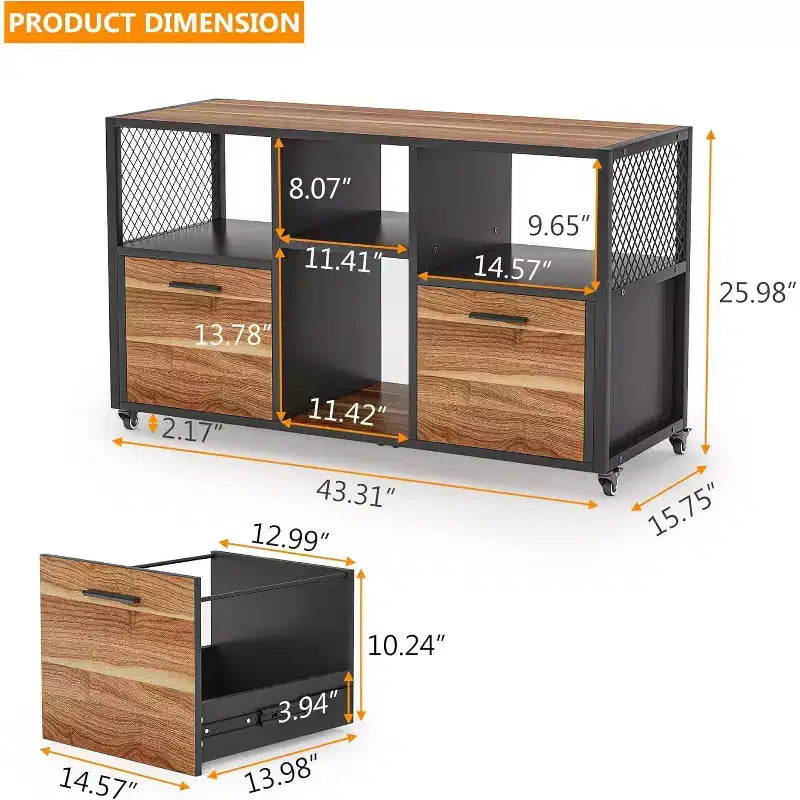 2-Drawer Wood File Cabinets, Modern Mobile Lateral Filing Cabinet for Letter/A4 Size with Printer Stand for Home Office, Rustic Walnut