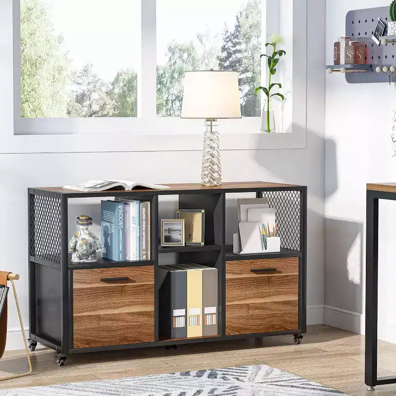 2-Drawer Wood File Cabinets, Modern Mobile Lateral Filing Cabinet for Letter/A4 Size with Printer Stand for Home Office, Rustic Walnut