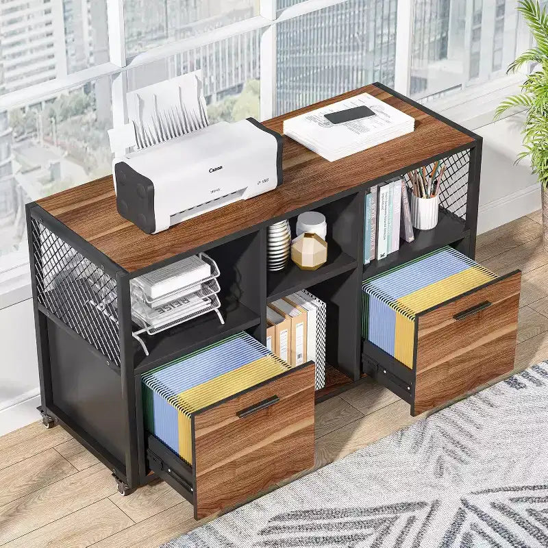 2-Drawer Wood File Cabinets, Modern Mobile Lateral Filing Cabinet for Letter/A4 Size with Printer Stand for Home Office, Rustic Walnut