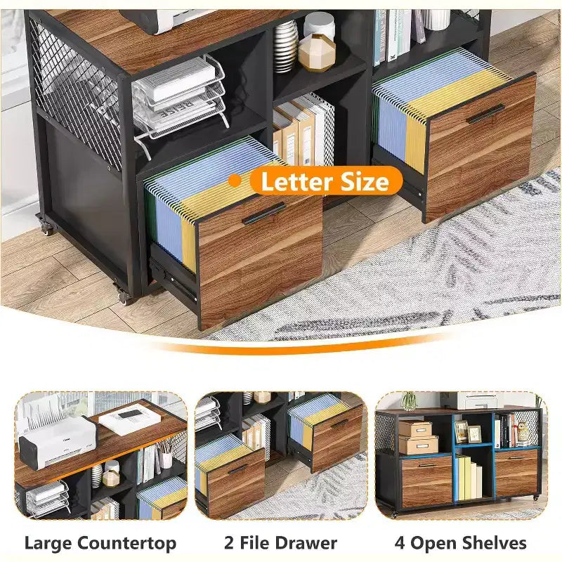2-Drawer Wood File Cabinets, Modern Mobile Lateral Filing Cabinet for Letter/A4 Size with Printer Stand for Home Office, Rustic Walnut