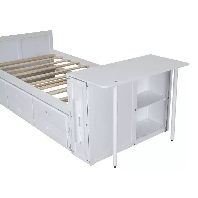 Lit plateforme multifonctionnel en bois avec bureau, étagère de rangement, lit gigogne et 3 tiroirs pour chambre à coucher, blanc, format double