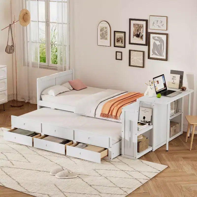 Twin Size Multifunctional Wood Platform Bed with Desk Storage Shelf Trundle 3 Drawers for Bedroom White
