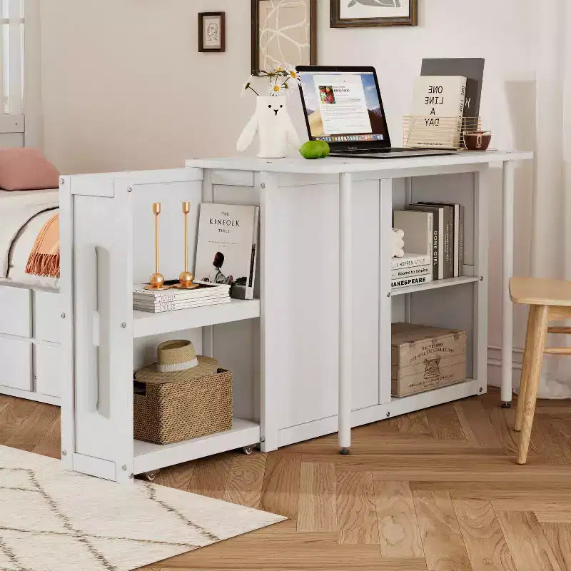 Lit plateforme multifonctionnel en bois avec bureau, étagère de rangement, lit gigogne et 3 tiroirs pour chambre à coucher, blanc, format double