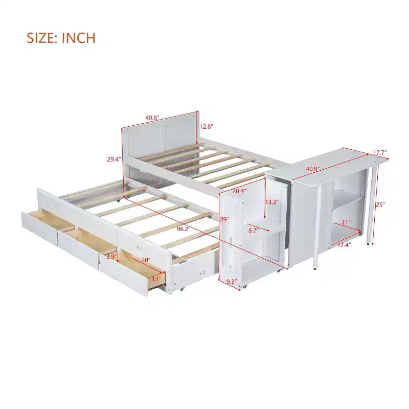 Lit plateforme multifonctionnel en bois avec bureau, étagère de rangement, lit gigogne et 3 tiroirs pour chambre à coucher, blanc, format double