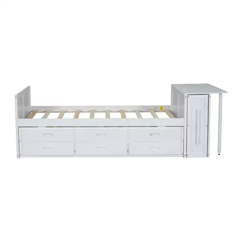 Lit plateforme multifonctionnel en bois avec bureau, étagère de rangement, lit gigogne et 3 tiroirs pour chambre à coucher, blanc, format double