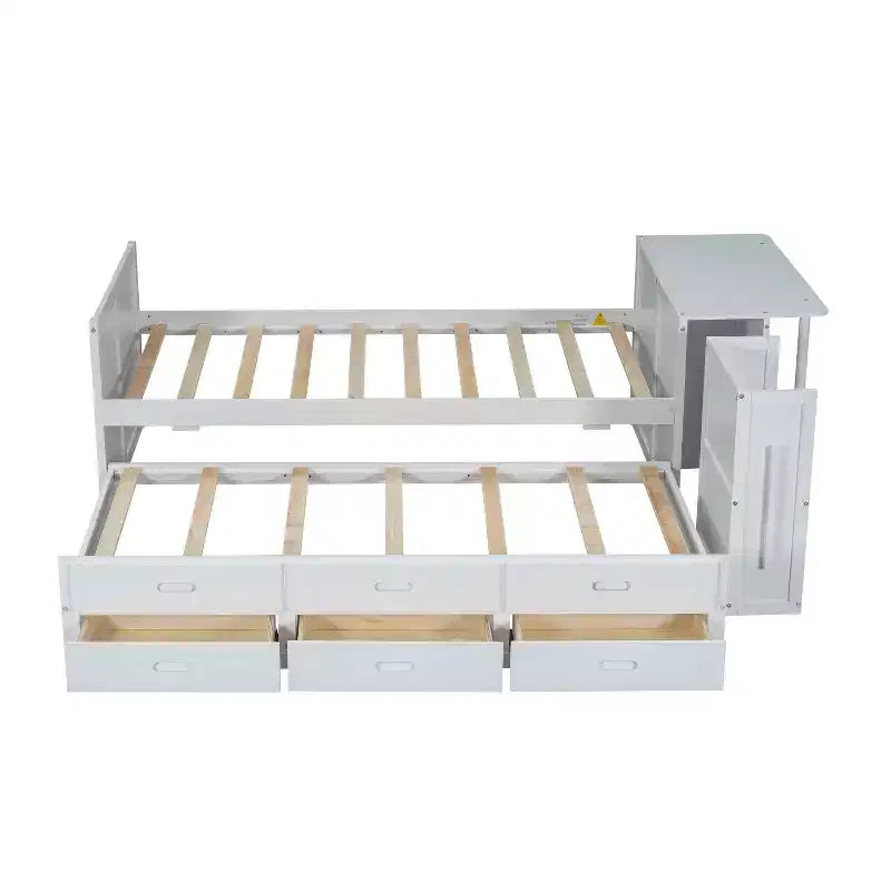 Lit plateforme multifonctionnel en bois avec bureau, étagère de rangement, lit gigogne et 3 tiroirs pour chambre à coucher, blanc, format double