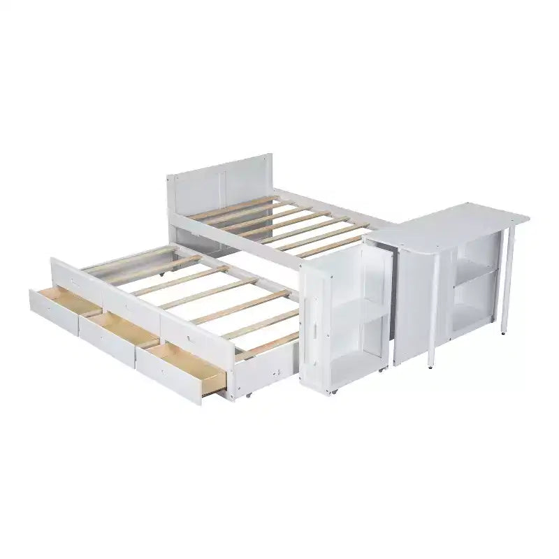 Lit plateforme multifonctionnel en bois avec bureau, étagère de rangement, lit gigogne et 3 tiroirs pour chambre à coucher, blanc, format double