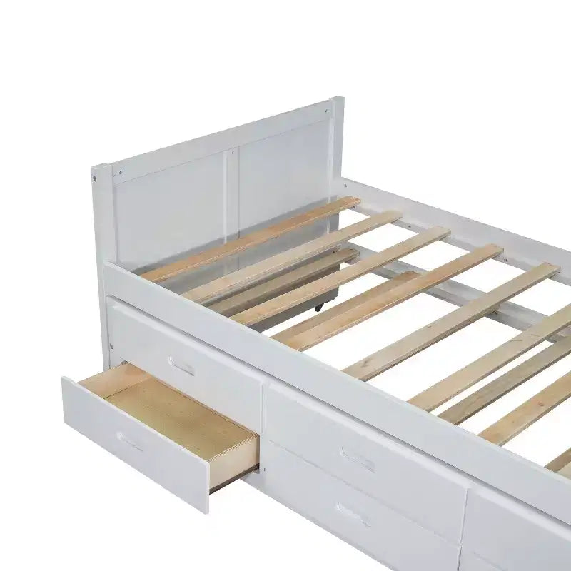 Lit plateforme multifonctionnel en bois avec bureau, étagère de rangement, lit gigogne et 3 tiroirs pour chambre à coucher, blanc, format double
