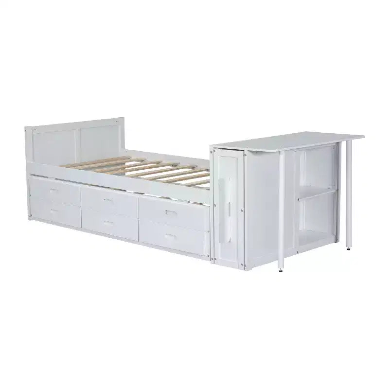 Lit plateforme multifonctionnel en bois avec bureau, étagère de rangement, lit gigogne et 3 tiroirs pour chambre à coucher, blanc, format double