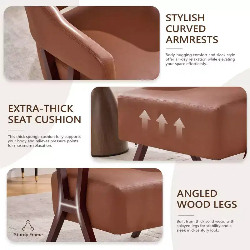 Fauteuil d'appoint rembourré du milieu du siècle avec assise en similicuir et cadre en bois massif