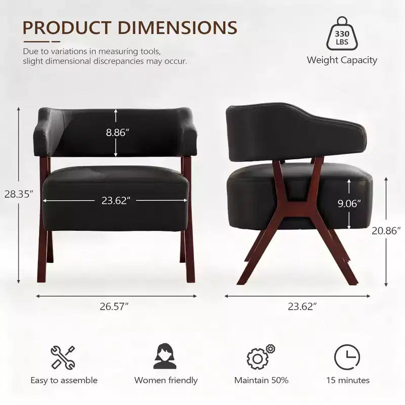 Upholstered Mid Century Accent Chair with Faux Leather Wrapped Seat & Solid Wood Frame