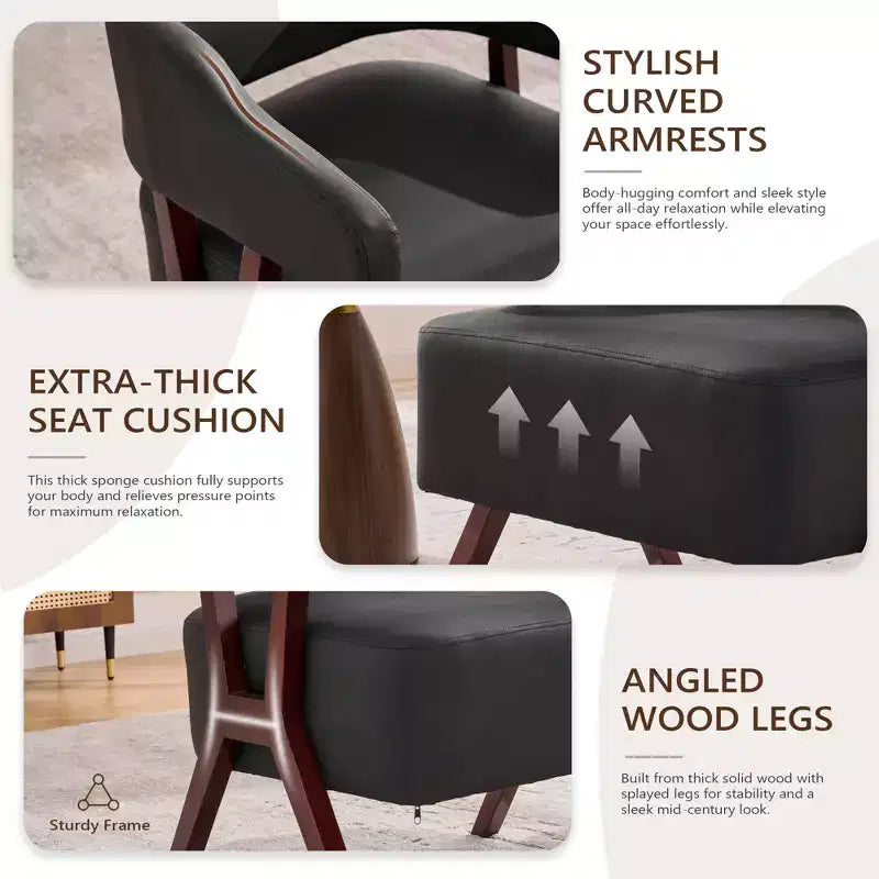Fauteuil d'appoint rembourré du milieu du siècle avec assise en similicuir et cadre en bois massif