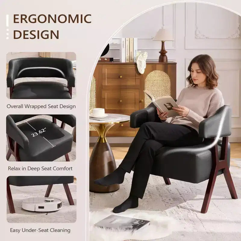 Fauteuil d'appoint rembourré du milieu du siècle avec assise en similicuir et cadre en bois massif